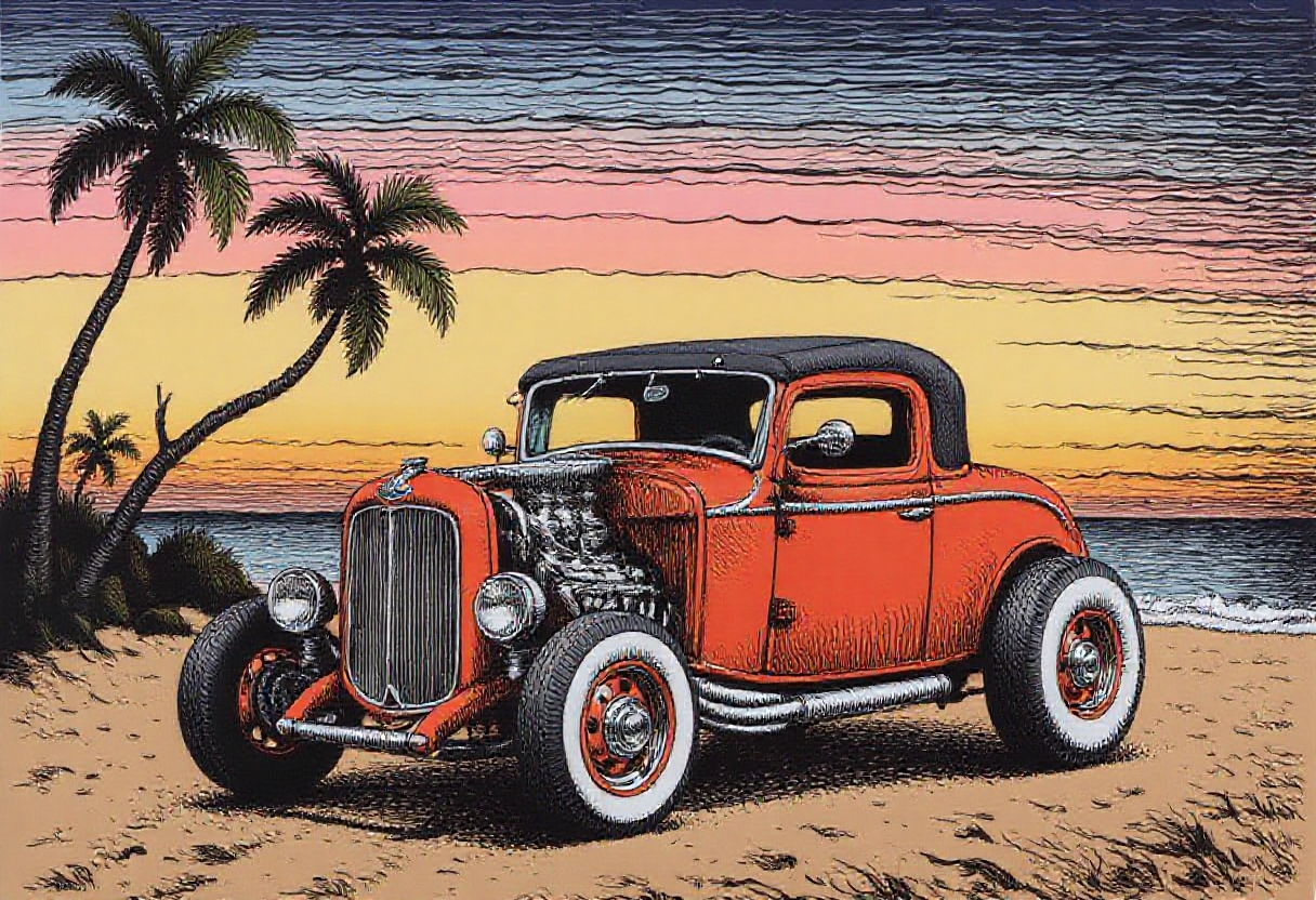 an illustration of a classic hot rod, on the beach with palm trees, vintage sunset in the background, in the style of r0b3rt_crum8