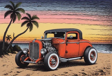 an illustration of a classic hot rod, on the beach with palm trees, vintage sunset in the background, in the style of r0b3rt_crum8