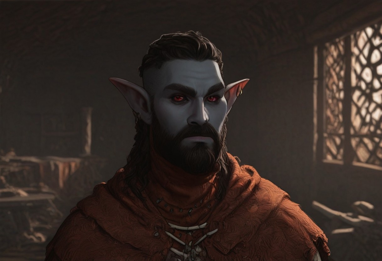 solo, short pointy ears, piercings, random elf face, aquiline features, male dark elf, masculine, beard, weathered skin, large nose, athletic build,  animated realism, zoomed out, Syrian features, torso, brass pipes and gears, intricate architecture, dwarven masonry, dwemer fixtures, white-green light, gloomy lighting, ancient ruins, interior, stone tiled floor, grey-blue skin, mahogany and ivory clothes, medium armor, bone plate armor, ivory straps and fittings, grey wood neckguard, dark red sclera, black pupils, distant mushroom forest, blue-green light, neon, highly detailed, defined features, looking at viewer, three quarters view, from front, dynamic lighting, 36 years old, light and shadows, patterned cloth, annoyed expression, expressive eyes, detailed medieval clothes, long hair, wavy hair, thick hair, beaded hair, braided hair, under cut hair, semirealistic, alien elf, spanish features, jewish features, black hair, dark red hair, umber skin, sharp features, pastel green berber print cloak, nighttime, high detail, absurdres, pretty eyes, detailed eyes, red eyes,