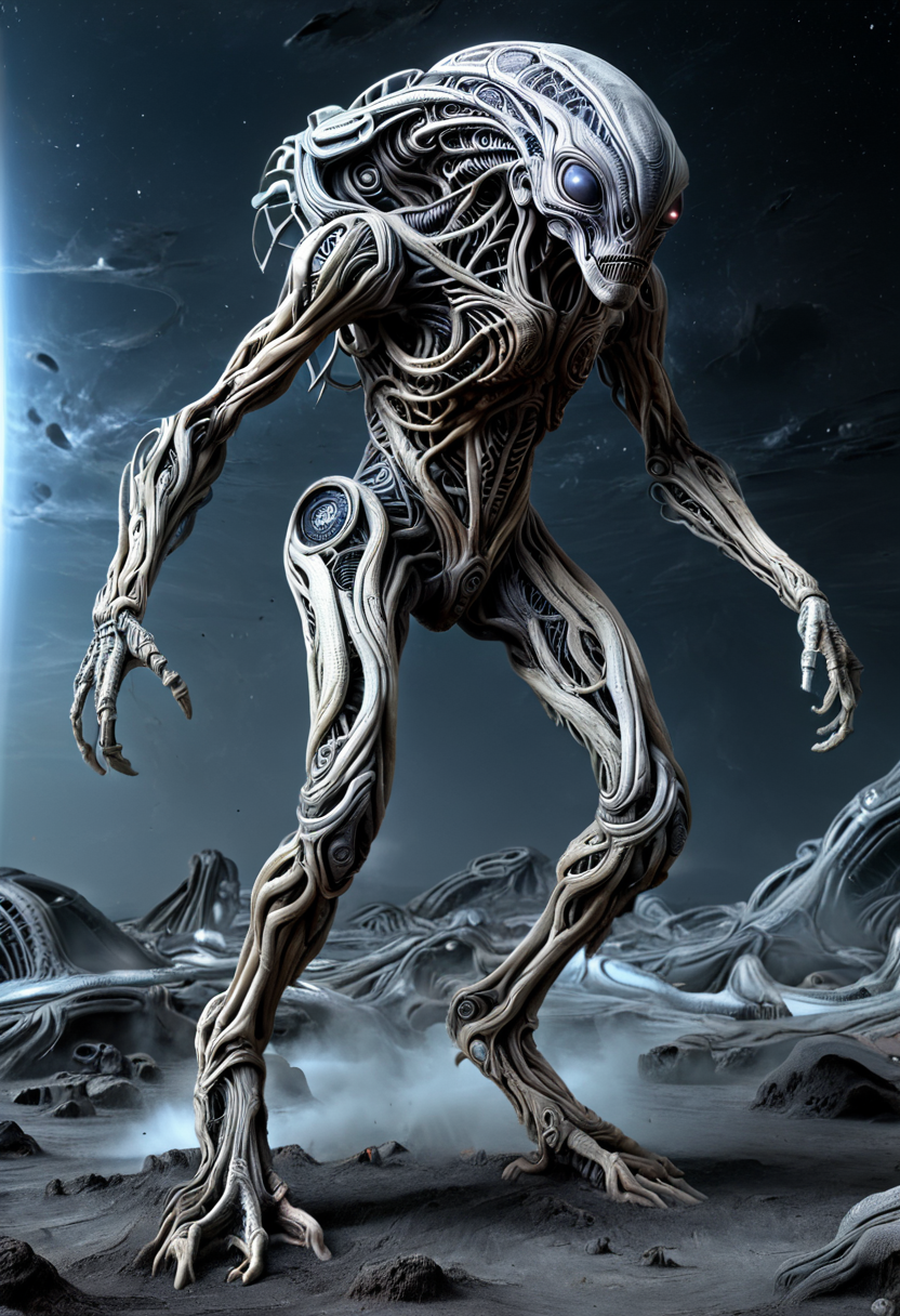 PG-TR,full body, alien creature, sci-fi background,  fragments,Nebulous horizons 