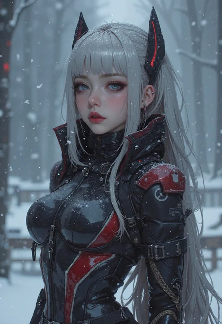 hyper-realisitic, hyper-detailed, detailed foreground, RAW photo, detailed clothing, detailed lighting, curvy figure, ice-themed sci-fi character with long silver hair and red eyeliner, dressed in a form-fitting futuristic outfit with black and red tech details, standing in snowfall with an intense gaze, photorealistic anime cyber aesthetic, cold muted tones with soft light diffusion <lora:Flux__Semi-realistic_art_style-000004:0.3500000000000001> <lora:MoriiMee_Gothic_Niji_Style_FLUX:0.6500000000000001>