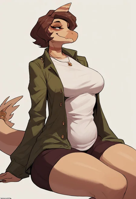 score_9, score_8_up, score_8. score_9, score_8_up, score_7_up, ,masterpiece, 4k, high quality, (best quality:1.1), 1girl, breasts, colored skin, furry, furry female, snout, long snout, braid, green jacket, white shirt, solo, brown hair, short hair, jacket, jewelry, thick thighs, large breasts, sitting,
tail, smile, medium breasts, seiza
