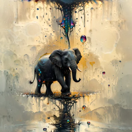 Perfect painting, Elephant in a rain drop, Sy3, simple background, very dark areas, smooth transitions from one object to another object, shadows, darksurrealism, darksurrealismai <lora:Sy3:1.2> <lora:darksurrealismai_V10:0.3> <lora:Gurat_Style:1>