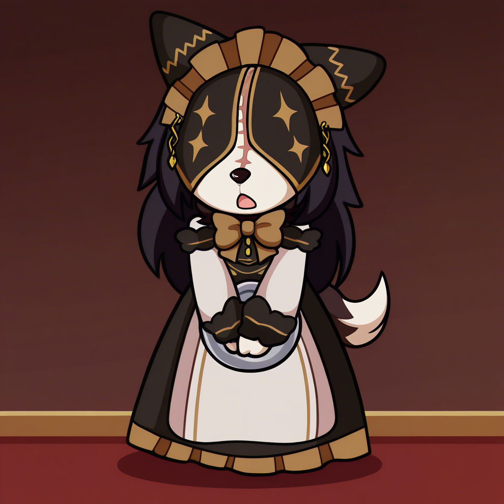 (masterpiece, best quality, absurdres, hires), pestonya, 1girl, solo, maid, dress, covered eyes, scar, headdress, neck tuft,black hair, long hair, furry female, anthro, detailed, bowtie,, full body shot, indoors, detailed background, anime coloring, outlines, (chibi style:1.3), hands together, hands between legs, holding tray, standing, long skirt, open mouth, cute, ,