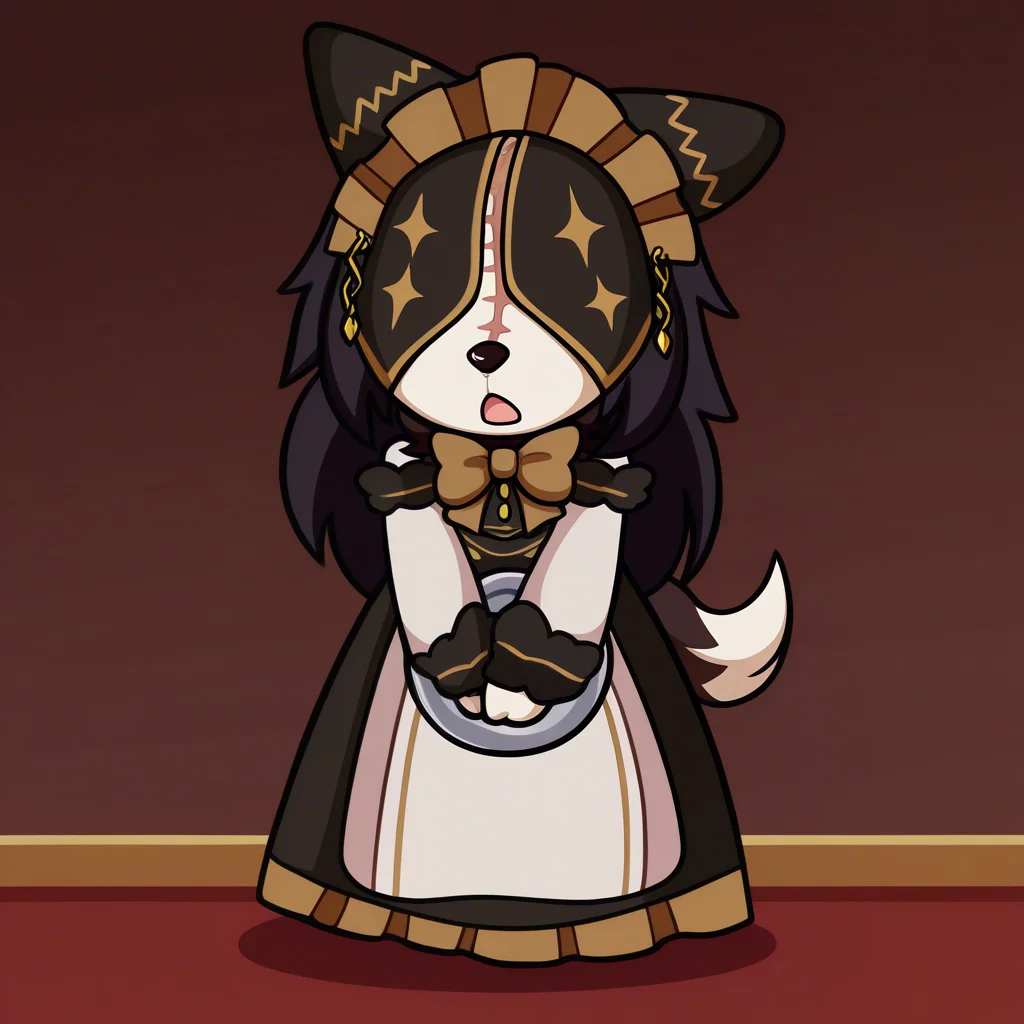 (masterpiece, best quality, absurdres, hires), pestonya, 1girl, solo, maid, dress, covered eyes, scar, headdress, neck tuft,black hair, long hair, furry female, anthro, detailed, bowtie,, full body shot, indoors, detailed background, anime coloring, outlines, (chibi style:1.3), hands together, hands between legs, holding tray, standing, long skirt, open mouth, cute, ,