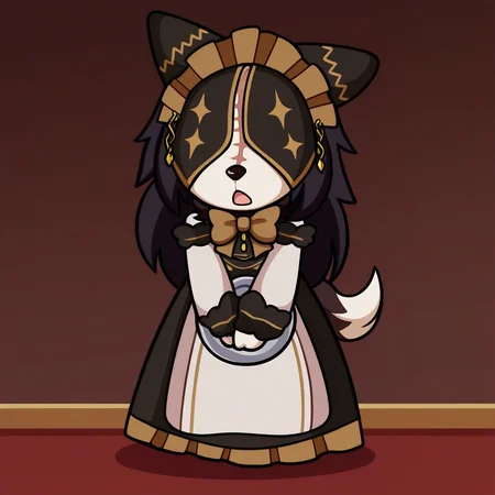 (masterpiece, best quality, absurdres, hires), pestonya, 1girl, solo, maid, dress, covered eyes, scar, headdress, neck tuft,black hair, long hair, furry female, anthro, detailed, bowtie,, full body shot, indoors, detailed background, anime coloring, outlines, (chibi style:1.3), hands together, hands between legs, holding tray, standing, long skirt, open mouth, cute, ,