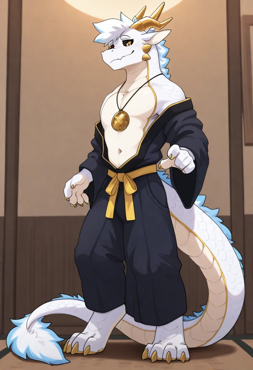 best quality, amazing quality, very aesthetic, absurdres, newest, by pache riggs, male focus, 1boy, solo, BREAK
furry, dragon, golden horns, black sclera, golden pupil, golden ornament on body, white body, scales, long dragon tail, tail tuft, japanese outfit, <lora:Pache_Riggs_style_Illustrious:1>