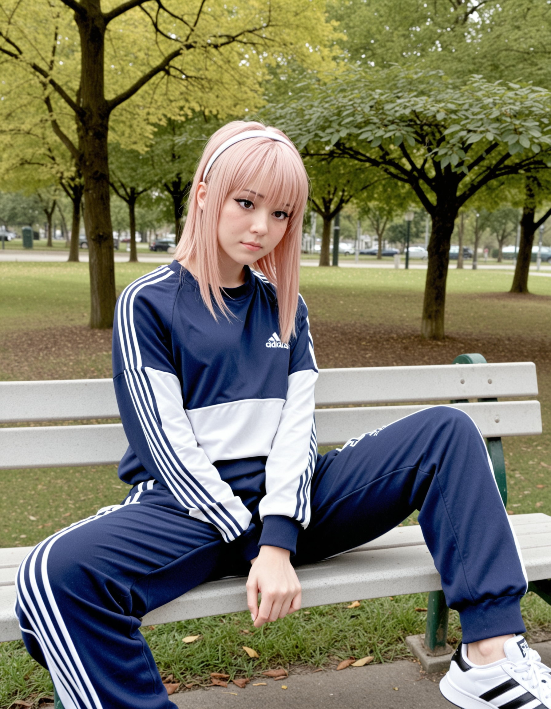 portrait of a civchan, wearing an adidas sweater and adidas tracksuit pants sitting at a park bench, front shot <lora:CivChan_noCap:1.4>