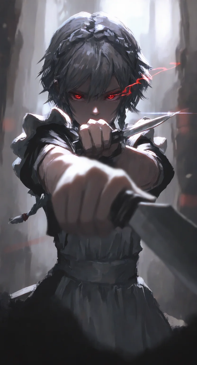 masterpiece, best quality, good quality, very aesthetic, absurdres, newest,1girl, blurry, braid, depth of field, dual wielding, eye trail, foreshortening, grey hair, holding, knife, light trail, maid, red eyes, reverse grip, short hair, solo, twin braids, upper body, Cinematic Lighting <lora:spo_sdxl_10ep_4k-data_lora_webui:0.6> <lora:ponyv5_noobV065S_1_adamW-000013:0.7> <lora:USNR_STYLE_XL_lokr:0.45> <lora:EtherSDXL:0.15> <lora:shiej007:0.75>