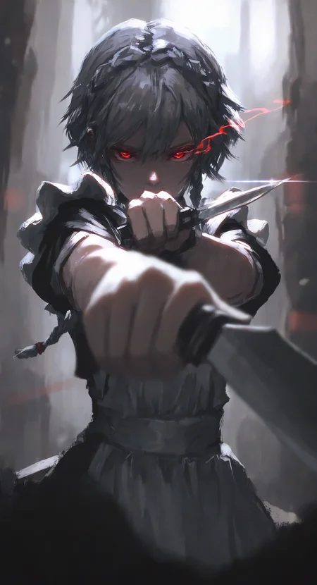 masterpiece, best quality, good quality, very aesthetic, absurdres, newest,1girl, blurry, braid, depth of field, dual wielding, eye trail, foreshortening, grey hair, holding, knife, light trail, maid, red eyes, reverse grip, short hair, solo, twin braids, upper body, Cinematic Lighting <lora:spo_sdxl_10ep_4k-data_lora_webui:0.6> <lora:ponyv5_noobV065S_1_adamW-000013:0.7> <lora:USNR_STYLE_XL_lokr:0.45> <lora:EtherSDXL:0.15> <lora:shiej007:0.75>
