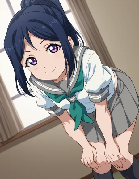 score_9, score_8_up, score_7_up, source_anime, <lora:kanan-matsuura-s2-ponyxl-lora-nochekaiser:1>, kanan matsuura, long hair, blue hair, purple eyes, ponytail, sidelocks,, skirt, school uniform, short sleeves, pleated skirt, serafuku, socks, neckerchief, kneehighs, black socks, green neckerchief, grey skirt, uranohoshi school uniform,, indoors, bent over, smile, smug, looking at viewer, solo,, cowboy shot, dutch angle