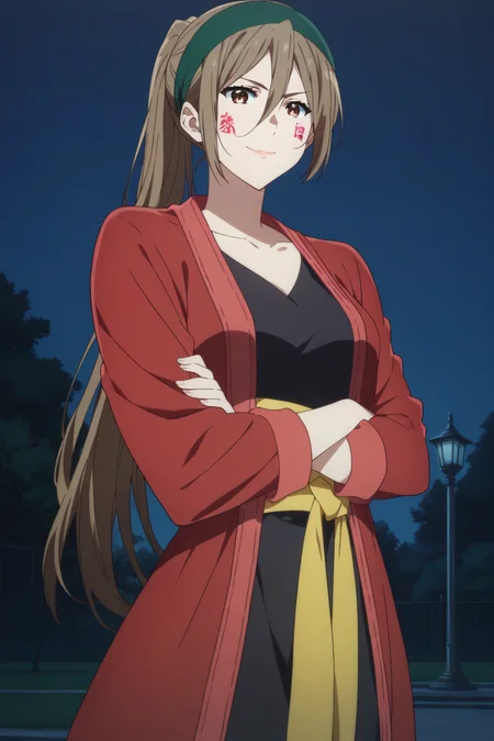 score_9, score_8_up, score_7_up, source_anime, 1girl, prefect lighting, very aesthetic, intricate details, highly detailed background, masterpiece, high quality, prefect hands, best quality, solo,
<lora:Shizuku_Ninomiya_Beyond_The_Boundary_V1:.85>, KJOshizuku, brown hair, brown eyes, hair between eye, long hair,
red robe, green headband, face markings, ponytail, black shirt, yellow sash,
crossed arms, smirk,
outside, park, night,
(Beautiful, medium Breasts:1.2), natural breasts,