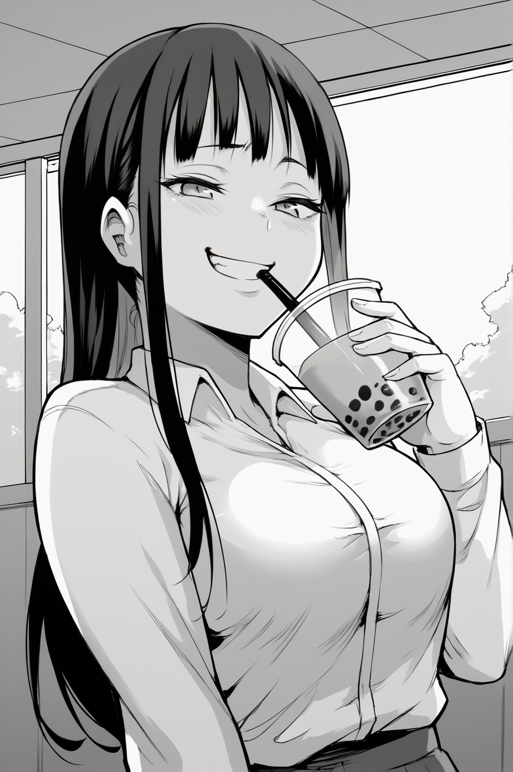 score_9, score_8_up, score_7_up, monochrome, manga_source, best background, detailed background, manga, grayscale   Hina, Main Outfit, grin, naughty face, horny, cowboy shot, drinking, bubble tea, solo, dynamic camera, dynamic angle, <lora:JN_Hina:0.8>