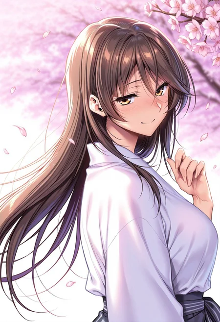 general,highres, ultra-detailed,very aesthetic,best quality ,best hands,masterpiece, best quality, newest, highres, score_9, score_8_up, score_7_up, source_anime, rating_explicit,1girl, yokota mamoru style,motion lines,Very straight nose,slim,slender face,perfect nose,torogao,seductive smile,looking at the viewer
Ichinose Honami,Brown hair, hair Parted to Side, Sidehair, Spiky Bangs, Waist Length hair,long hair,amber eyes,slim
1girl, solo, long hair, cherry blossoms, petals, blurry, depth of field, from behind, wind, black hair, blurry background, brown hair, upper body, outdoors, smile