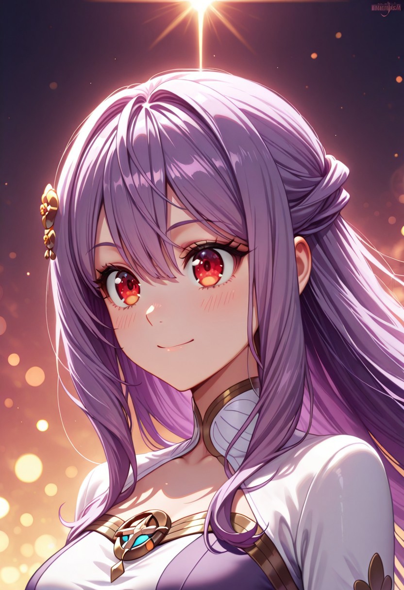 masterpiece, best quality, amazing quality, dynamic view,  solo, dynamic view,  solo, 1girl, masterpiece, best quality, bokeh, luminescent background, 
(  miaadenauer,,
 purple hair, long hair,  hair between eyes, bangs, hair ornament, hair flower,  red eyes, medium breasts,
 , dress, two-tone dress, purple dress, white dress, long sleeves, wide sleeves, white shoes,,
 ),  
portrait, happy