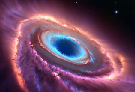 a dynamic and breathtaking image of the universe with vibrant colors and dramatic lighting. Show a swirling nebula in the foreground with bright, intense hues of blue, purple, and pink. In the background, depict a distant galaxy with spiraling arms and scattered stars. Include a supernova explosion, radiating brilliant light, and a mesmerizing black hole at the center, with cosmic debris swirling around it. Add a hint of distant planets and asteroids to create a sense of scale and depth. Make the entire scene feel alive and constantly in motion.