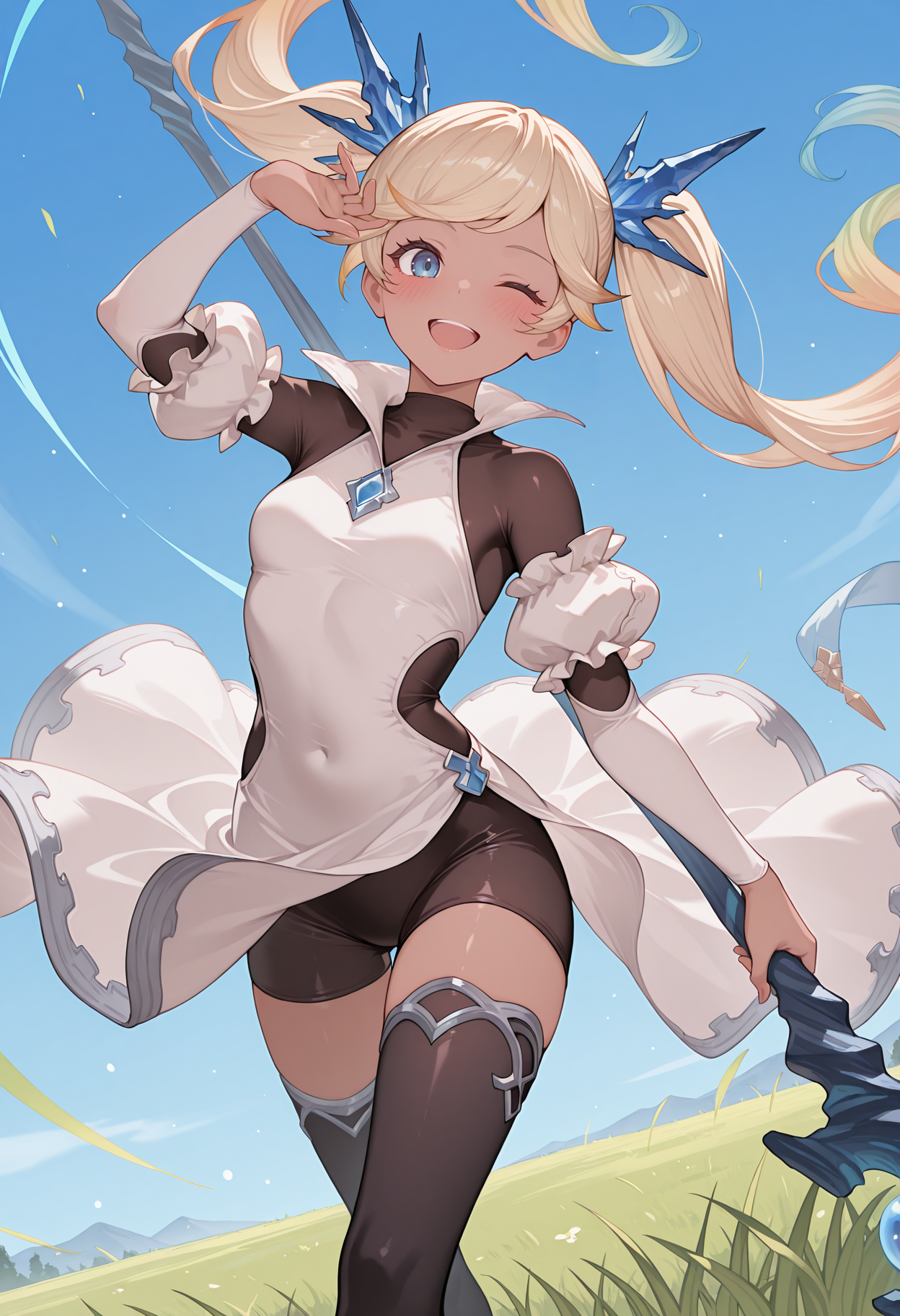 highres, best quality, masterpiece, outdoors, blue sky, grass, 
1girl, solo, gbftio, blonde hair, gradient hair, twintails, dark-skinned female, blue eyes,
iogbdef, hair ornament, white dress, blue brooch, sleeveless dress, detached sleeves, puffy sleeves, side cutout, side slit, bodysuit under clothes, black bodysuit, black thighhighs,
looking at viewer, blush, one eye closed, open mouth, smile,
standing, holding staff, light particles, dynamic pose, floating hair, floating clothes, magic,
<lora:_io_gbf-elesico-ilxl-000014:1>