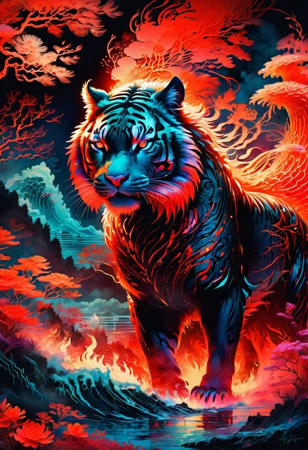 1tiger,Detailed complex chaotic seascape red burning light mysterious silhouette of phoenix,fung-hwang,UV-reactive, red light art concept by Waterhouse, Carne Griffiths, Minjae Lee, Ana Paula Hoppe, Stylized florescent art, Intricate, Complex contrast, HDR,OverallDetail, mineral color painting