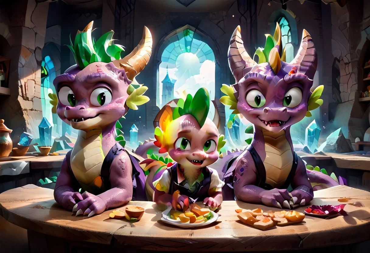 score_9, score_8_up, score_7_up, score_6_up, score_5_up, score_4_up, (2 characters, 4 dragons:2), (best quality, high quality:1), (large dragon with purple eyes and a small dragon with green eyes:0.75), purple skin, (large purple dragon with black eyes:0.7), (small purple dragon with green eyes:0.7), (Spyro the dragon and spike:0.25), <lora:Spike:0.85> by ishoka, by joelasko, by chochi, patb, g5, inside, rich colors, crystal castle, Crystal Empire, crystal heart in the center of the square, presents a painting of rabbits and pony, aroused, front view, detailed background, prepares food, detailed, 8k quality, side view, beautiful, close up, free actions, violet freckled dragon, mammal, (long torso), (dragon's tail), male, <3, tail heart, anthro, hi res, blush, ((one green eye)), large nose, dull fangs, tail gesture, warner brothers, violet scales, Spike, freckled, mammal, short, (big head), big forehead, (green spikes), man, anthropo, pink sclera, pose, warner brothers, purple body, open mouth, high quality, high definition wallpaper, 8k, complex details, Full HD, detailed lighting, paws, detailed eyes, freckled face, face view, Bent over, legs apart, looking at the viewer, maid outfit, kitchen, cute and wonderful familiar fantasy dragon witch, majestic, fantastic, mythical, magical, magic, dynamic, wonderful, peaceful,