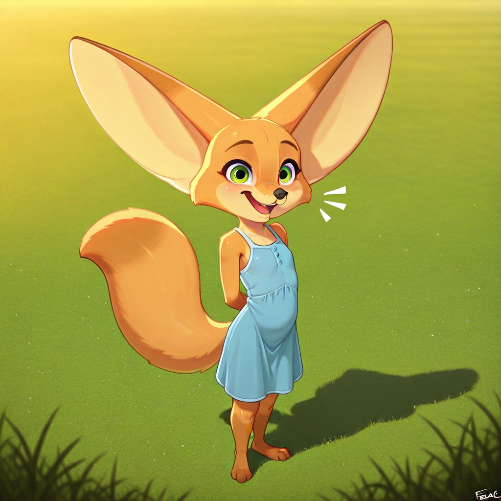 Abby(C), solo, 1girl, anthro, female furry, fox, foxgirl, Fennec fox, tan fur, fox tail, large ears, green eyes, shortstack, full body, looking at viewer, flat chested, standing, blue dress, sleeveless, smiling, excited look, grass field background, sunny, hands behind back,