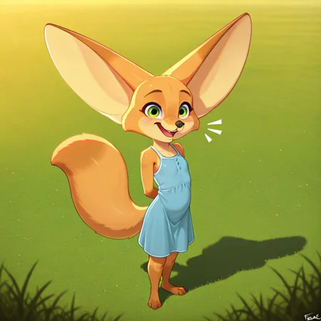 Abby(C), solo, 1girl, anthro, female furry, fox, foxgirl, Fennec fox, tan fur, fox tail, large ears, green eyes, shortstack, full body, looking at viewer, flat chested, standing, blue dress, sleeveless, smiling, excited look, grass field background, sunny, hands behind back,