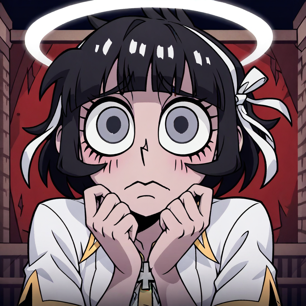 masterpiece, best quality, newest, absurdres, highres, anime, anime style, P/PEV1.0, pleading eyes,  1girl, azazel (helltaker), short hair, black hair, halo, white shirt,