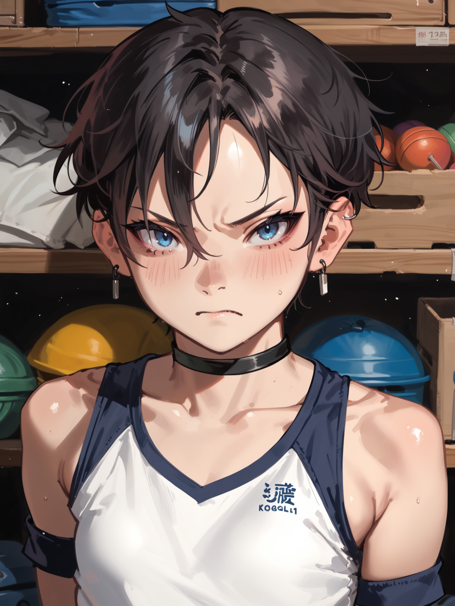 <lora:happy_tentacle-netsureina-v0.1:0.9>, ht_netsureina, earrings, choker, flat chest, blue eyes, black hair , annoyed, gym storeroom, gym uniform, mat, vaulting horse cowboy shot, 1girl, (petite:1.2), solo focus, (looking at viewer:1.1), sidelighting, (depth of field:0.8), , [(realistic, photorealistic:1.2):(realistic:1.2):22], [(3d:1.2)::12], <lora:LUUNA's Lunas-NijiJourney-SDXL-B2:0.5>, nijijourney, <lora:prgfrg23's Counterfeit-V3.0 Style SDXL_LoRA_Pony Diffusion V6 XL:0.35>, <lora:Shed_The_Skin's StS_age_slider_v1_initial_release:-1>, score_9, score_8_up, score_7_up, score_6_up, score_5_up, score_4_up
