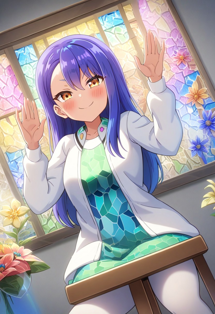 8k, score_9, score_8_up, score_7_up,
masterpiece,Anime style,ultra detailed, vibrant colors,
<lora:novuschroma54 style:0.9> novuschroma54 style,
1girl, Nagatoro_Hayase, playful_pose, medium_angle, Nagatoro sitting_on_a_rustic_stool_surrounded_by_glass_flowers, soft_smile, glass_petal_reflections, folk_art_patterns_in_background, vibrant_stained_glass_effect, sunlight_passing_through_glass