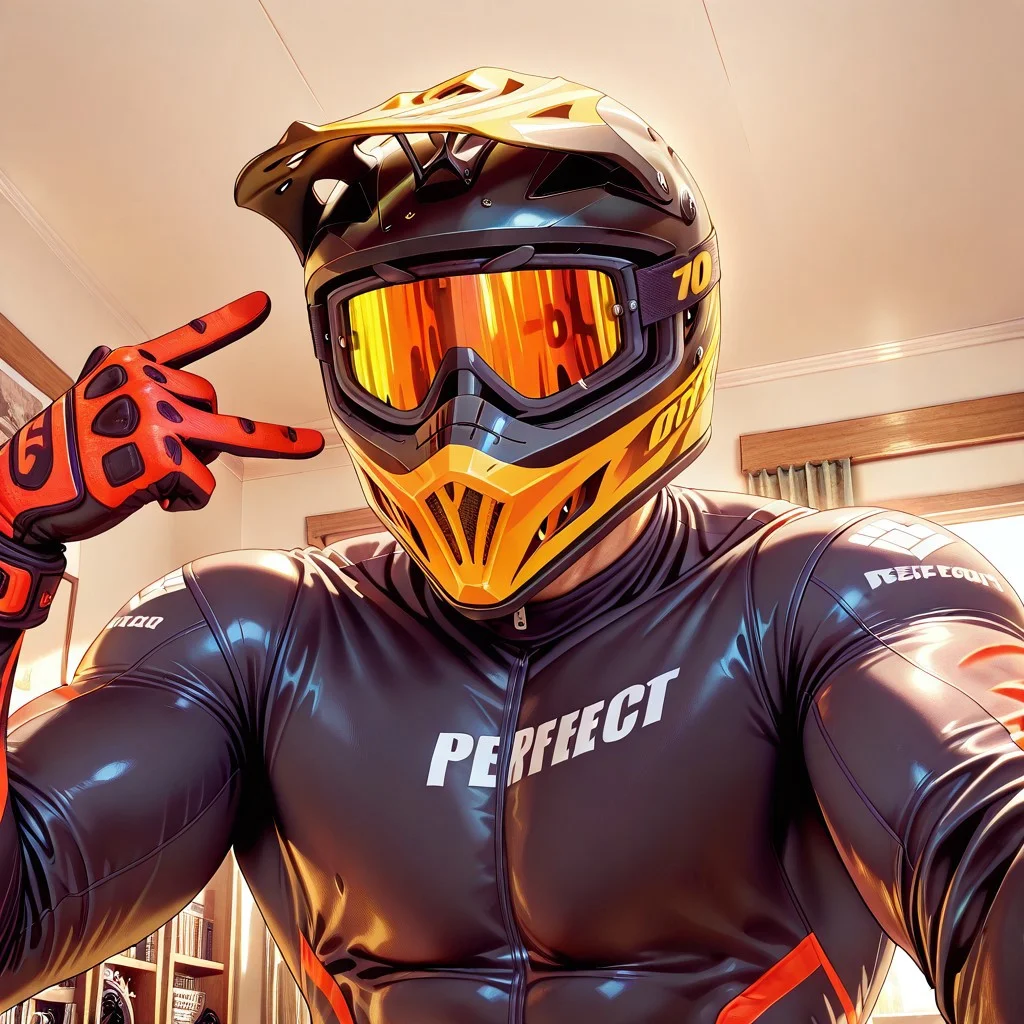 indoors, male, dirt bike helmet, muscular, bodysuit, \m/, close up, perfect anatomy, masterpiece, perfect quality, best quality, detailed, newest, very aesthetic