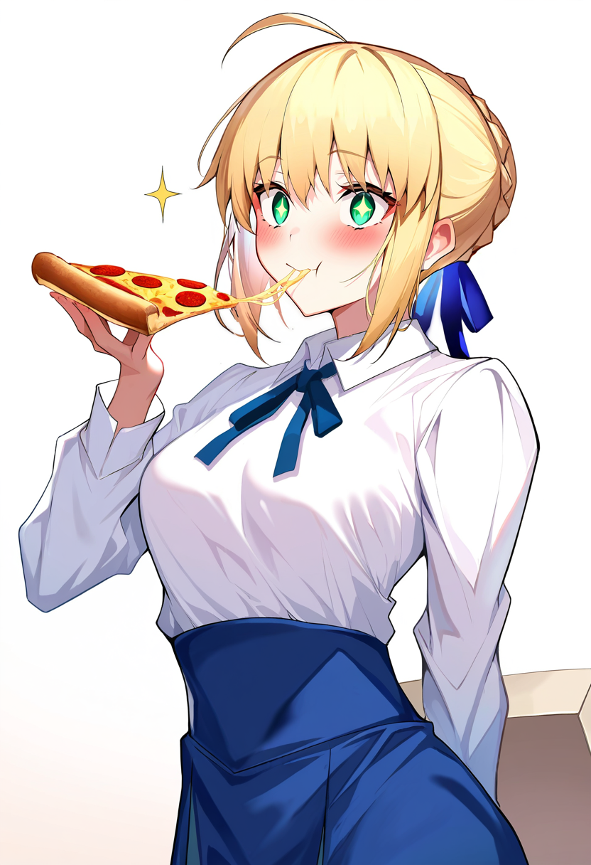 1girl,solo,saber \(fate\),<lora:ulrich style locon V pred Ver-Test:1>,ulr1ch style,medium breasts,high-waist skirt,blue skirt,white shirt,blue ribbon,happy,wide-eyed,star \(symbol\),symbol-shaped pupils,star-shaped pupils,eating,holding pizza,pizza slice,pizza box,cheese trail,arm behind back,masterpiece,best quality,newest,highres,very awaTop,