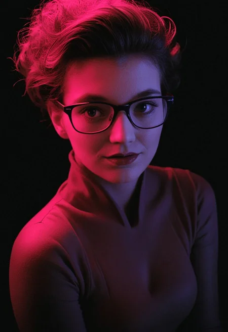 ((Introduce quality iteratively))((unambiguous unequivocal sampling))(extreme haute couture pink cocktail dress)(detailed skin, pores, sweat, blush, imperfections)(mysterious, ethereal, intimidaitng. cinematic lighting, epic cinematic color style)(inspired by style of David Lynch and Stanley Kubrick doing things never done before)(pure sharpness)(k black point)((art of greatness))(magnificent gradients)((blacklight ultraviolet colors complementary saturated hues))((vignette))f(x)Thriller. Glasses.