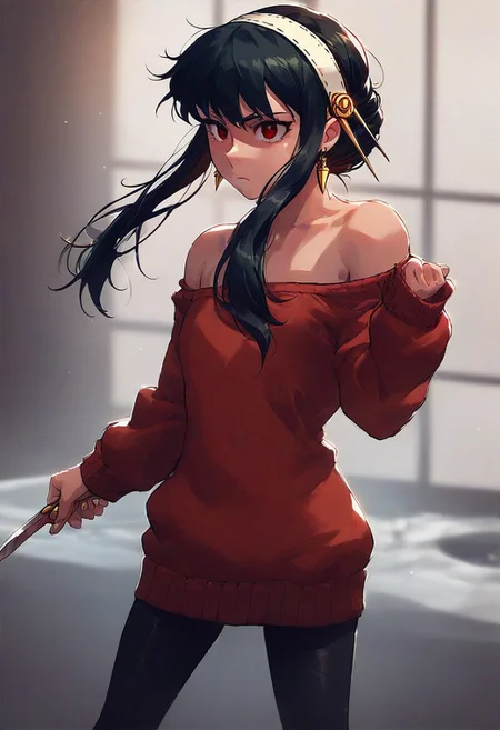 Expressiveh, mai tokiha (Oiled up), score_9, score_8_up, score_7_up, shallow depth of field, godrays, DOF, aperture, aesthetic, high quality, dramatic lighting, intricate details, 1dk, masterpiece, best quality, expressive, solo, 1 source_anime, feminize, soft body, yor briar, black hair, long hair, red eyes, flat chest, solo, jewelry, earrings, hairband, sidelocks, white hairband, doing random house chores, indoors, action pose, kitchen knife, off-shoulder sweater, red sweater dress, bulge, black leggings under sweater,