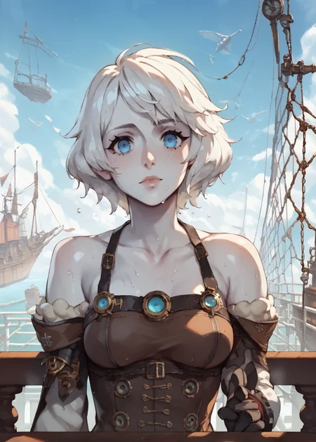 <lora:NAHIRI:1> nahiri, 1girl, solo, short hair, breasts, bare shoulders, white hair, colored skin <lora:RD-MAnon-XLV1.1:1>, fantasy, steampunk, cold weather, warm clothes, laying against ship railing, sky, wool lining, white skin, blue eyes,, source_anime, score_9_up, score_7_up, score_8_up