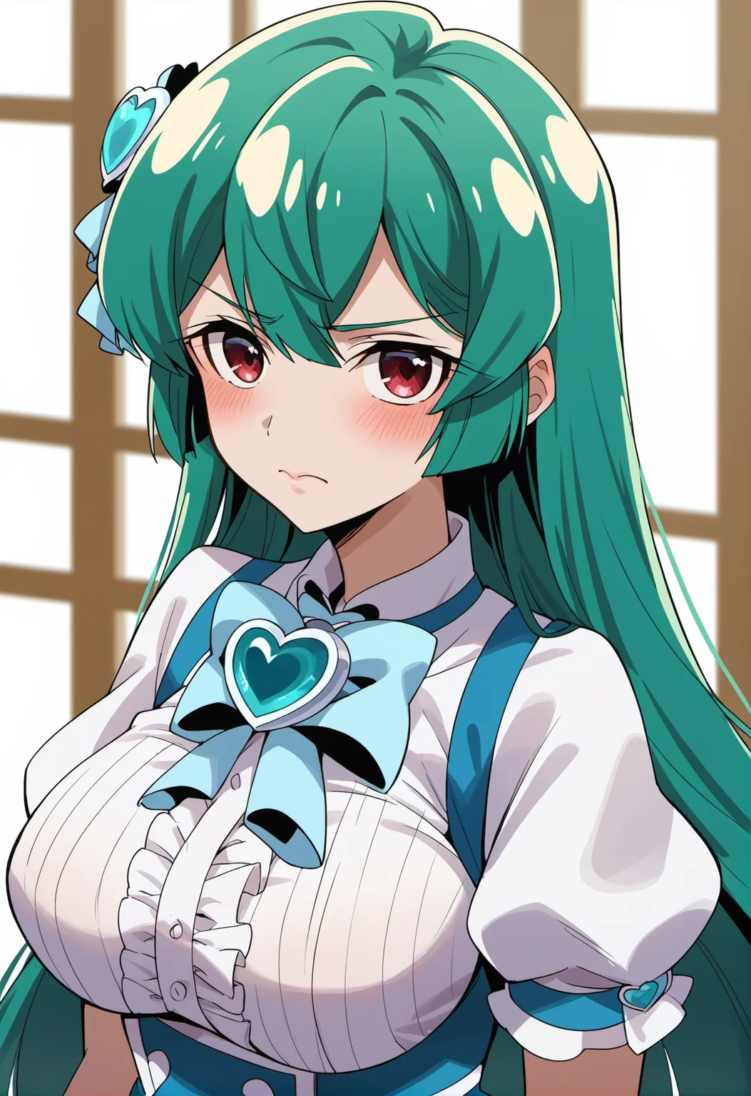 (score_9, score_8_up, score_7_up, score_6_up), source_anime, rating_questionable, BREAK
MinakamiSayo, 1girl, solo, breasts, looking at viewer, shirt, large breasts, dress, closed mouth, jewelry, white shirt, upper body, short sleeves, heart, puffy sleeves, bowtie, puffy short sleeves, heart brooch,
<lora:GOMG_MinakamiSayo_PD6XL_1:1>