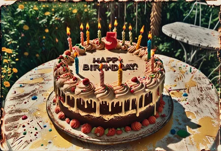 35mm Vintage photo of an ais-bday cake, (text 'Happy Birthday') on a table with ice cream, on back terrace in the bright midday sunlight