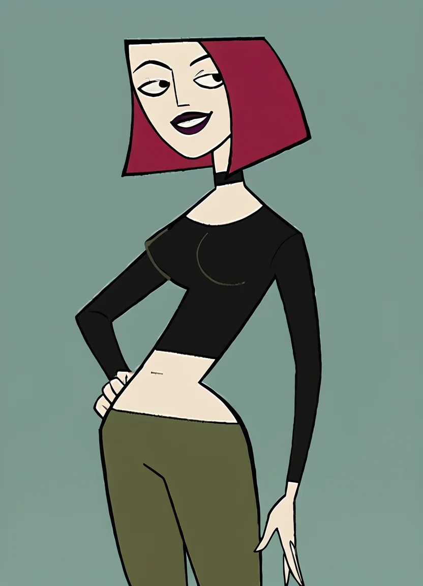 joan, 1girl, solo, short hair, breasts, lipstick, choker, crop top, green pants, bob cut, score_9, score_8_up, score_7_up, score_6_up, score_5_up, score_4_up, looking at viewer, hand on own hip, cowboy shot,simple background, smile, <lora:JoanCHPony1.0:1>