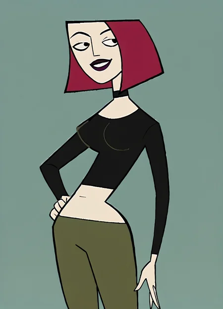 joan, 1girl, solo, short hair, breasts, lipstick, choker, crop top, green pants, bob cut, score_9, score_8_up, score_7_up, score_6_up, score_5_up, score_4_up, looking at viewer, hand on own hip, cowboy shot,simple background, smile, <lora:JoanCHPony1.0:1>