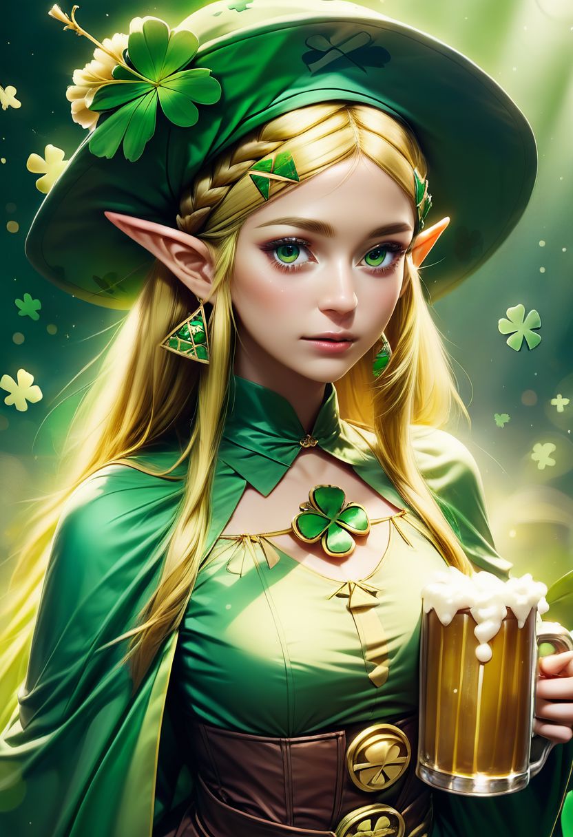score_9, score_8_up, score_7_up, score_6_up, semi realistic, sexy 18 year old woman,  
(upper body)m
princess zelda, long hair, hairclip, pointy ears, green eyes,
ShamrockWorld, clover, four-leaf clover, light particles, solo, 
corset, long sleeves, collared dress, solo, looking at viewer, hat, holding, belt, cup, no humans, animal, holding cup, alcohol, mug, green headwear, hat feather, animal focus, beer, beer mug, clover, four-leaf clover, green cape, green capelet,
volumetric lighting, mood lighting, low lights, soft light, hazy, intricate details, rating_explicit, (ultra realistic, 32k, masterpiece:1.2), (high detailed skin:1.1), (high quality:1.1), bokeh, luminescent background, zPDXL