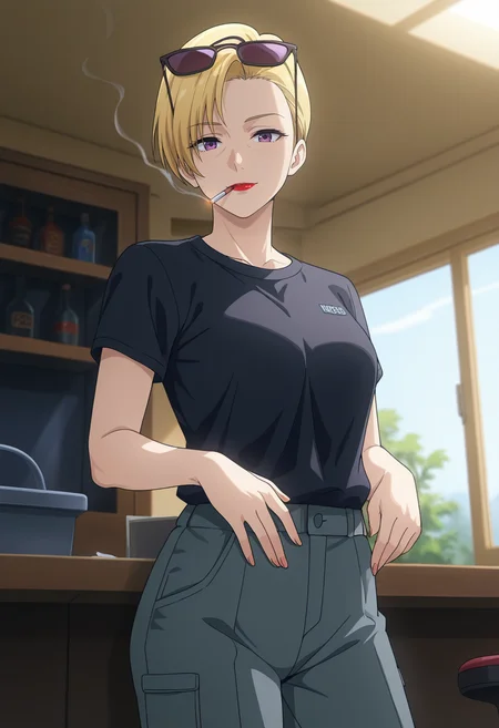 masterpiece, best quality, amazing quality, 1girl, solo, cowboy shot, heidemarieww, mature female, purple eyes, blonde hair, short hair, lipstick, red lips, black shirt, short sleeves, grey pants, black boots, sunglasses, eyewear on head, cigarette, looking at viewer, smile, indoors, day, skindentation, detailed clothing folds, depth of field, sharp, high contrast, dynamic light <lora:Barrow_Heidemarie_Bravern_ill:0.9>