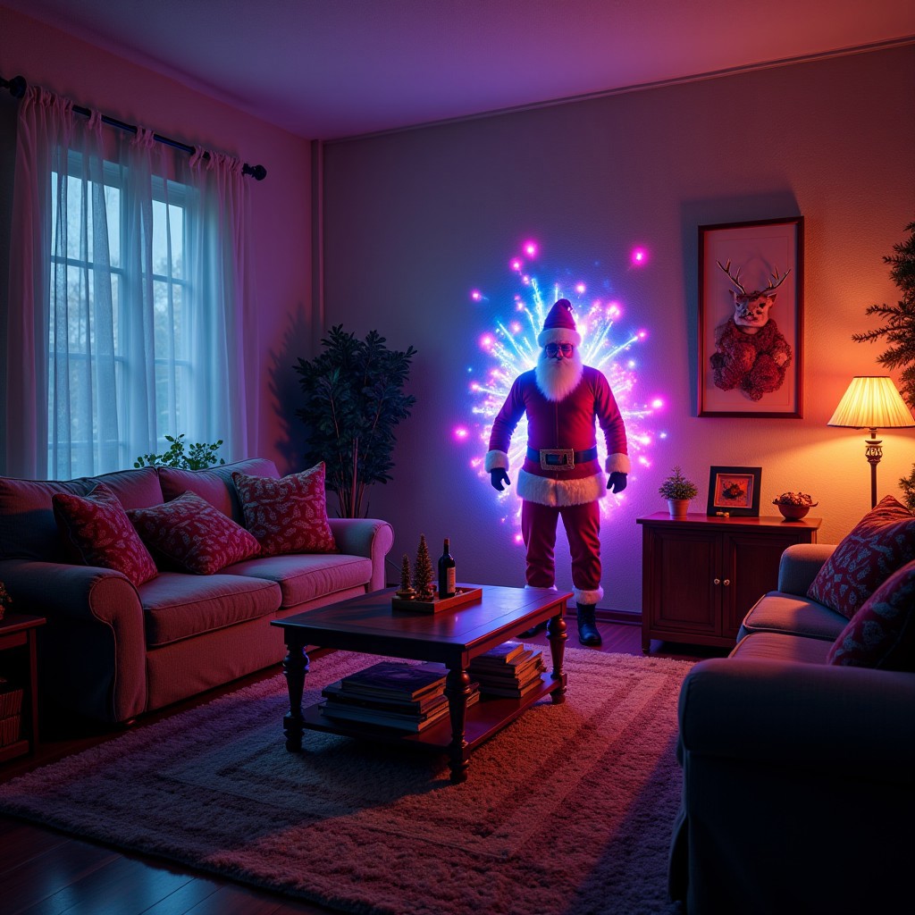 As the night god of winter descends upon the land, a Neon glowing cyber santa bursts through the wall in nice cozy living room adorned with and elves who have lost their minds and want to drink the blood of the innocent