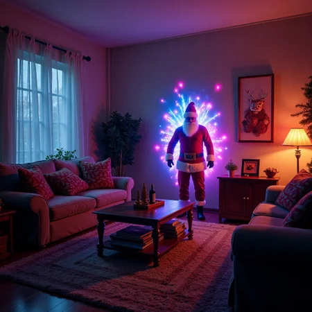 As the night god of winter descends upon the land, a Neon glowing cyber santa bursts through the wall in nice cozy living room adorned with and elves who have lost their minds and want to drink the blood of the innocent