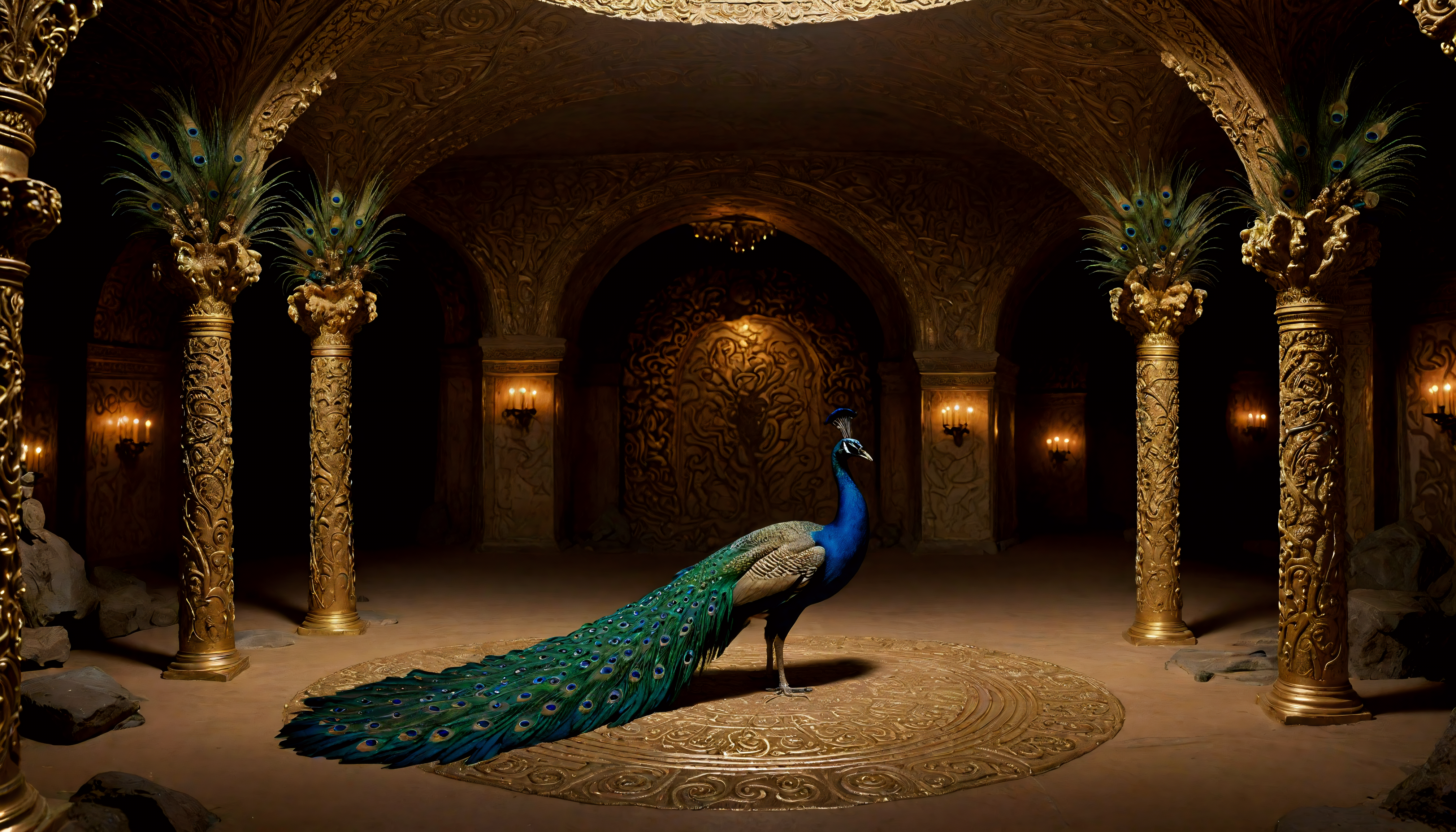 cave interior, meticulous craftsmanship, low quality photo, intricate design elements, peacock feathers, labyrinthine composition, anthrocanyne, ornate gilding details, the character is immersed in a richly detailed backdrop resembling a labyrinthine cave system, intricate gilded designs interspersed throughout, artist inspiration edmund tarbell