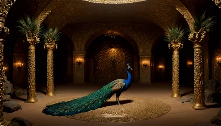 cave interior, meticulous craftsmanship, low quality photo, intricate design elements, peacock feathers, labyrinthine composition, anthrocanyne, ornate gilding details, the character is immersed in a richly detailed backdrop resembling a labyrinthine cave system, intricate gilded designs interspersed throughout, artist inspiration edmund tarbell