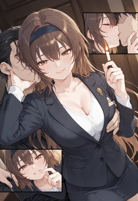 woman, drunk, smirk, mohawk, pastel gradient hair, headband, floating hair, kissing hair, pale skin, badge, groping, teaching, skirt suit, v-neck,boutonniere, 5koma, upper body, warm grey subject and yellow brown highlights, (soft ambient light:1.2), flickering candle, cozy space, book focus, quiet corner, warm glow, ambient occlusion, masterpiece, best quality, highres, newest, year 2024, absurdres
