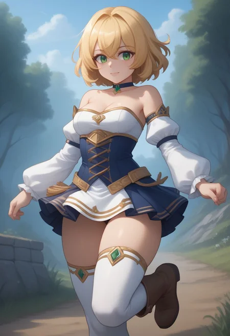 high quality, solo, 1girl, FioraDE, green eyes, blonde, medium hair, white bralette strapless, detached sleeves, skirt, thighhighs, boots, choker,