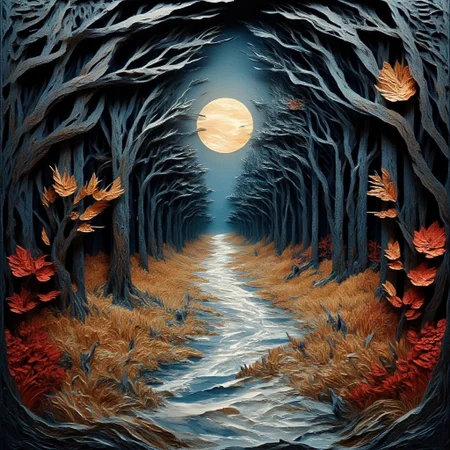 Paper Quilling, Layered Paper, watercolor 3d style painting of a woodchip path throuch the centre of a woodland, relevant perspective, trees surrounding, winter setting, cold and mist atmosphere, paint cracks, smudges and abrasion, night time colors, extreme fine detail, strong contrast, scraped out rough vignette, 8k quality, masterpiece.
