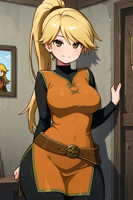 masterpiece, best quality, medium breasts, (curvy), ,,, BREAK, zzYellow, brown eyes, blonde hair, long hair, ponytail, bangs, orange tunic, brown belt, pants, <lora:YellowPokemonIXL_v2:1.0>BREAK, smile, looking at viewer, cowboy shot, <lora:QuickCuteIXL:1.0>, ,