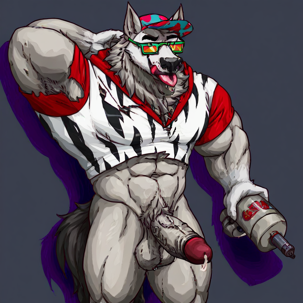 holding shampoo bottle, shirtless, clouds, lowering sun glasses, male, chumbasket art style, grey background, veiny penis, shirt pulled up some, k9 hand, presenting neck, cum strands, Shadow on the wall, pectoral veins, Tongue out, looking at viewer, human genitals, standing, cum, toned muscular legs, presenting abs to viewer, manly chest outline on shirt, tail up, presenting penis, ripping shirt, detailed abs, Bara, muscular neck, arm behind head, bed, shirt pulled over chest, zebra print, penis out