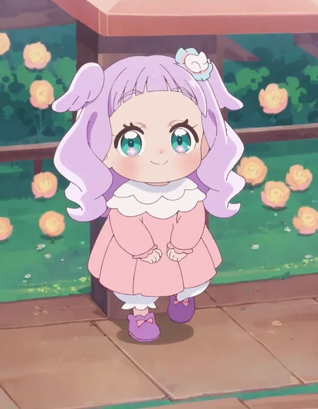 score_9, score_8_up, score_7_up, anime screencap, solo,1girl,ellee-chan, smile, dress,pink dress, looking at viewer, :d, hair ornament, shoes, long sleeves, purple footwear,<lora:ellee-chan:0.8>