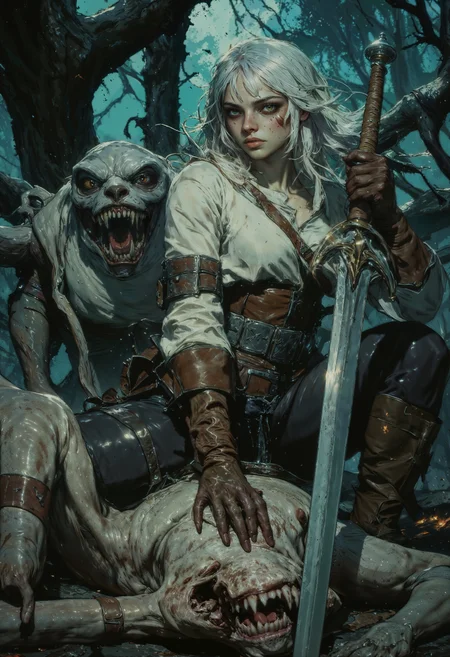 CiriW, a dynamic scene set in a dark, mystical forest. The central figure is a woman with long, flowing white hair, wearing a fitted, medieval-style outfit consisting of a white blouse, brown leather gloves, and a belt with pouches. She holds a sword with a determined expression, her skin is fair, and her eyes are focused. In the foreground, a monstrous creature with pale skin and sharp teeth lies defeated, while another similar creature lurks in the background among twisted, shadowy trees. The atmosphere is tense and dramatic, with a cool color palette dominated by blues and greens, enhancing the eerie, otherworldly setting. The composition is action-oriented, capturing a moment of intense confrontation. <lora:FluxCiriWV1:1> <lora:FluxMythG0thicL1nes:0.6> <lora:FluxMythR3alisticF:0.5> <lora:RetroAnimeFluxV1:0.6> <lora:OB半写实肖像画V2.0:0.6> <lora:Anima-Portrait-Midjourney-FLUX:0.6>
